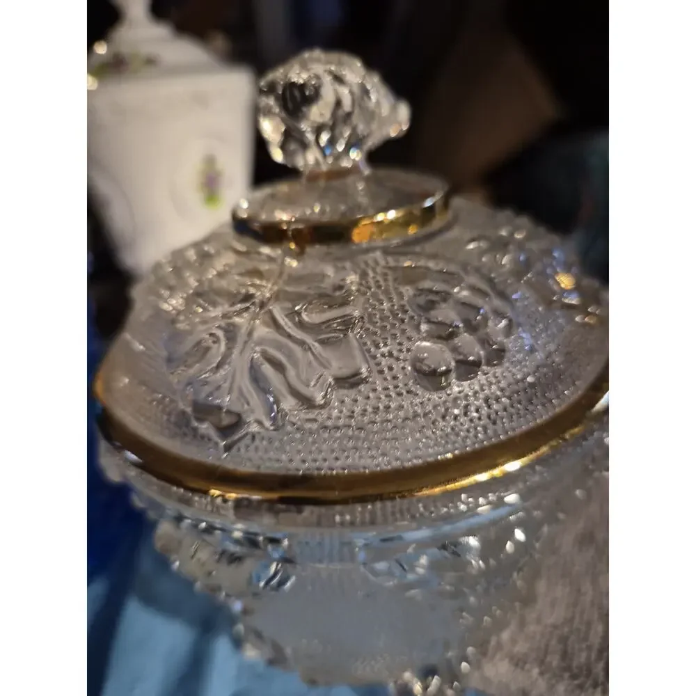 Vintage Jeannette Glass Footed Candy Dish With Harvest And Grape Pattern